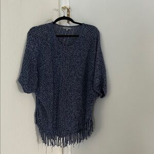 NY Collection Navy Fringe Scoop Neck Knit Sweater